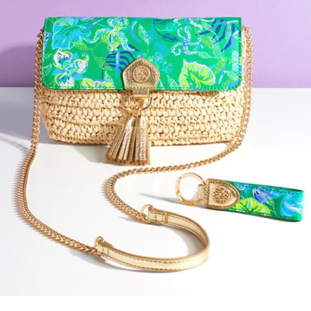 Lilly Pulitzer Green and Gold Woven Clutch